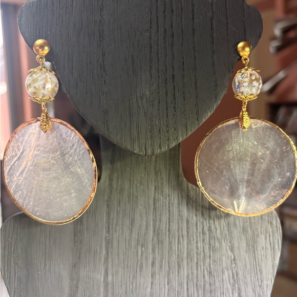 Handmade Beaded Earrings natural Capiz shells with gold and white lampwork beads - Picture 5 of 6